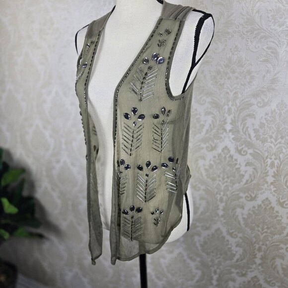 Bar III Size XS Olive Green Lightweight Vest Beaded Open Front Boho Festival - Picture 2 of 12